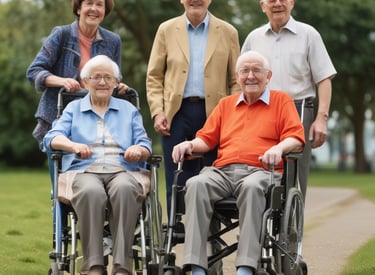 Smiling elderly parents with their adult child in a warm home setting.