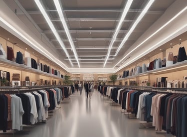 A room filled with a variety of clothing items hanging on racks, with colorful dresses and garments on both sides. To the left, there is a display of hats, featuring several different colors and styles. In the center back of the room is a closed black door labeled 'EMPLOYEES ONLY'. The wall behind the clothing has a teal color.
