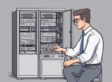 A hand holding a thermal scanner is pointed towards a rack of computer servers. The servers are illuminated with blue LED lights, giving a technological and futuristic feel.