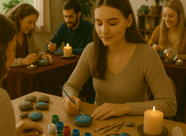 personne en train de peindre un mandala directement sur un galet, entourée d’un petit groupe 