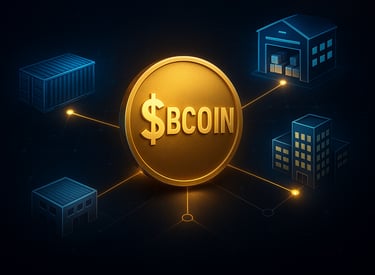 $BCOIN™ crypto wallet interface showing verified business transactions and staking rewards in a decentralized system