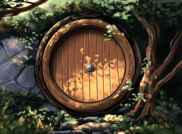 A hobbit door with dappled sunlight