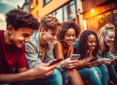 imagem de adolescentes reunidos olhando seus aparelhos celulares