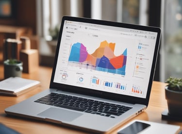 A laptop on a wooden desk displays a web application interface featuring graphs and statistics. Beside it, a large monitor shows a webpage promoting an all-in-one meeting app. A cup with a recognizable green and white logo sits on the desk.
