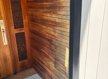 before image of stain refinishing on Nanoose Bay entrance way