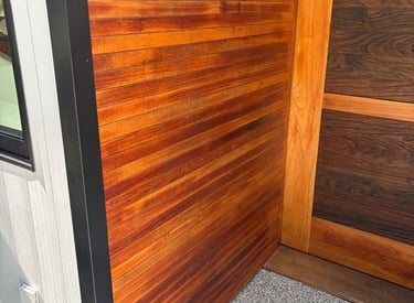 before image of stain refinishing on Nanoose Bay entrance way