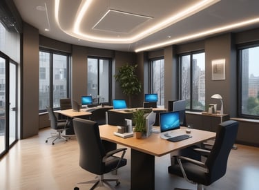 A large construction site with a modern multi-story building under renovation. A yellow crane is positioned near the building, and several workers in safety gear are visible on the rooftop, indicating ongoing construction work. Scaffolding is set up along the side of the building. The scene is sunlit under a clear blue sky.