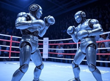 two robots are fighting in a boxing ring