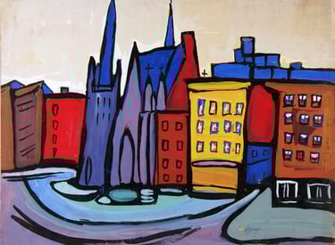 Painting by William Henry Johnson called Harlem Cityscape with Church