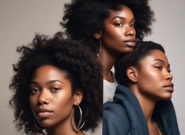 A joyful black woman with glowing melanin-rich skin, smiling while applying skincare in a cozy bathroom.