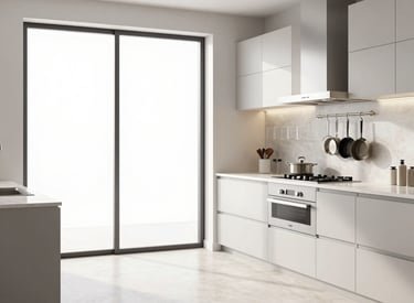 A serene, sunlit luxury bedroom with crisp white linens and immaculate surfaces.