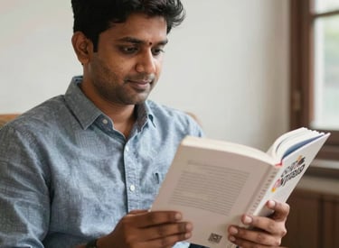 A cozy reading nook with a stack of colorful books and a warm cup of tea by a window.