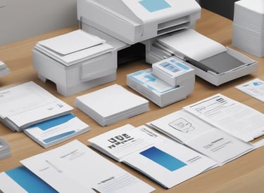 An array of printed materials including brochures and business cards.