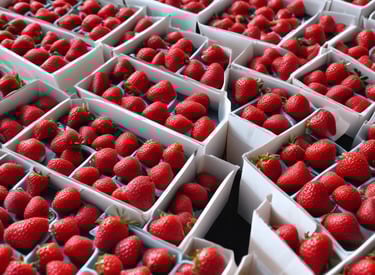 A vibrant close-up of freshly harvested strawberries glistening with morning dew on a lush green farm.