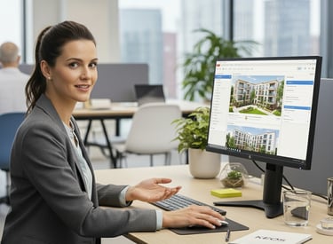 a woman sitting at a desk with a computer monitor and a keyboard