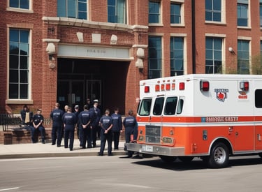 An ambulance with EMTs standing outside of it while it is parked on a college campus