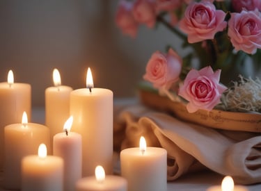 A collection of artisan candles with dried flowers and herbs embedded in the wax is arranged on a wooden surface. The candles vary in size, with some in glass containers. The dried flowers include lavender and rose petals, adding a rustic and handmade aesthetic. Soft lighting enhances the warm and cozy atmosphere.