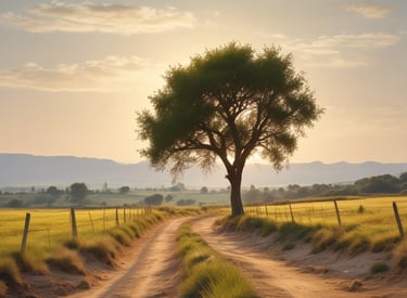 A peaceful outdoor retreat setting with people meditating under tall trees in soft morning light.