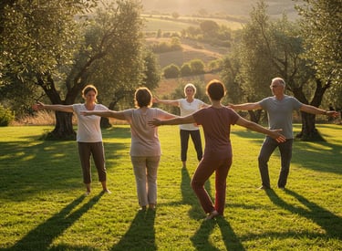 Grupo practicando Qigong y postura del árbol en entorno natural