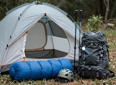 A camouflaged hat is placed atop a light gray tent in a wooded area with a river visible in the background. The scene conveys a sense of outdoor adventure and camping.