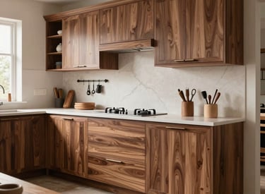 Premium stone worktop with integrated sink and subtle metallic accents.