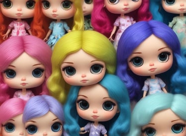 A collection of handmade dolls adorned in colorful, traditional woven garments, featuring vibrant patterns. The dolls have bright hats and distinct facial features, with backgrounds of similar textile material.