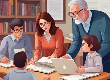 A group of people sitting at a wooden table with open books and notebooks. One person is pointing at a page in a book, while another person's hands, wearing a watch, rest on the table. Pens and a leather bag are also visible on the table, suggesting a study or discussion setting.