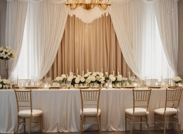 A spacious interior of a rustic event venue with exposed brick walls and wooden beams under a ceiling with string lights. Large wooden tables are arranged in a U-shape, decorated with greenery and place settings for a gathering or celebration.