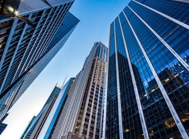a city street scene with skyscrapers and skyscrapers