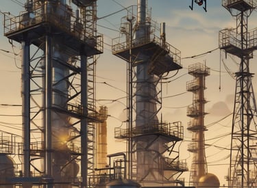 a drone flying over a large group of large industrial buildings