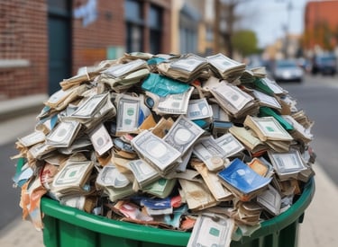 Piles of compacted plastic bottles and containers, with one stack appearing blue and the other brown and green, are placed side by side on a grassy surface.