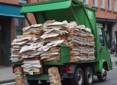A large container is filled with various types of cans and bottles, mostly metal, which appear to be recyclable waste. It is placed on the back of a truck, positioned on a grey concrete surface.