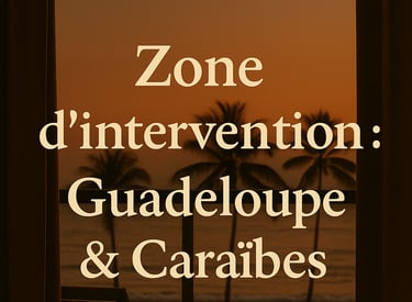 Coucher de soleil caribéen avec palmiers évoquant la zone d’intervention d’Hospitalium : Guadeloupe et Caraïbes.