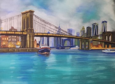 a painting of a bridge spanning a city