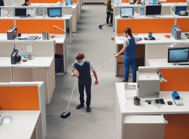 A tiled floor with visible dirt and cleaning solution being cleaned by a circular floor cleaning machine. The tiles are light brown with noticeable dirt in the grout lines. The cleaning machine has a blue and black circular head connected to a metal handle and hose.