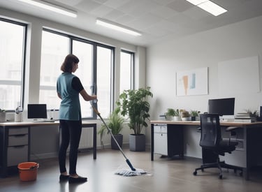 Two window cleaners are suspended by ropes, working on cleaning the glass windows of a tall building. Each cleaner is equipped with tools and a bucket, skillfully moving along the facade with safety harnesses. The building features reflective blue-tinted glass panels, creating a striking geometric pattern.
