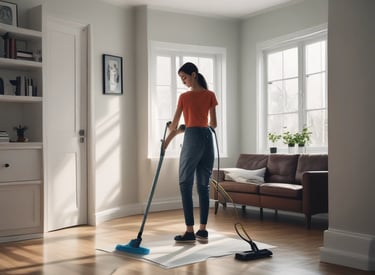 A person wearing bright orange work clothes is cleaning indoors, holding a mop. They have a fanny pack and are walking toward a tiled wall.