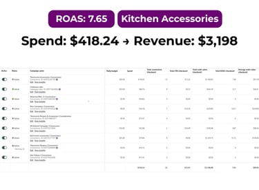 Pinterest ad results for kitchenware eCommerce brand with high ROAS