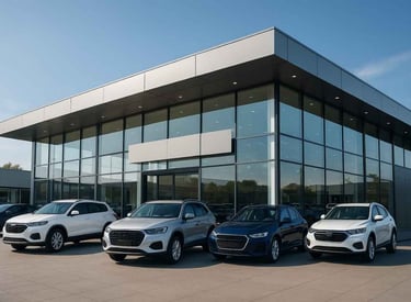 Concessionária moderna com fachada de vidro, carros novos expostos e iluminação natural