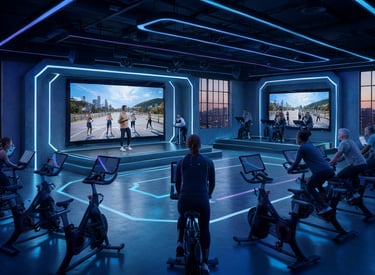 fitness studio with a group of people riding stationary bikes
