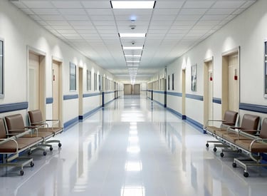 a hospital hallway with a row of chairs and a bench