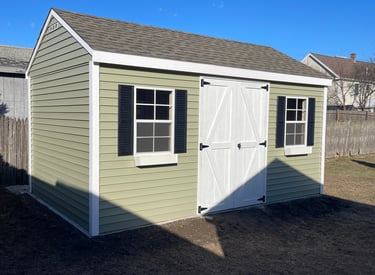 10x14 vinyl shed custom built in Peabody, Massachusetts for durable outdoor storage.