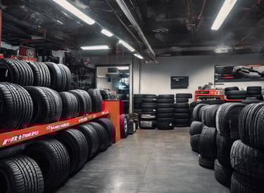 A storefront illuminated at night displays signage in Cyrillic, suggesting an automotive-related shop. The interior is brightly lit, showcasing shelves stocked with various automotive products and accessories. A car is parked in front of the glass window.