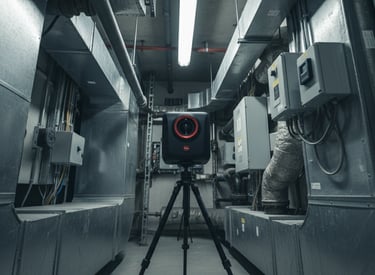 Leica BLK 360 scanner positioned on a tripod in a tight mechanical room, illustrating its compact size and portability for re