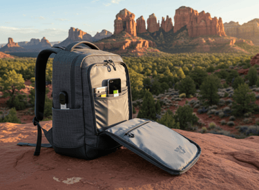 Tech Backpack with charging capabilities, showcasing versatility with scenic landscape background