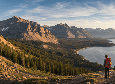 Traveler on a hike overlooking mountain ridge and lake with large backpack