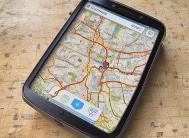 A close-up of a hand placed on a nautical map featuring yellow islands with blue water regions surrounding them. The hand is positioned over a central island, suggesting an act of navigation or orientation. The map includes various labels and symbols denoting geological and navigational information.