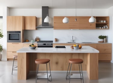 Interior shot of a bright, modern kitchen with natural wood finishes.