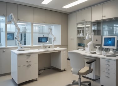 A modern dental laboratory showcasing advanced equipment and a clean workspace.