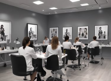 A group of students practicing techniques in a bright, modern training environment.